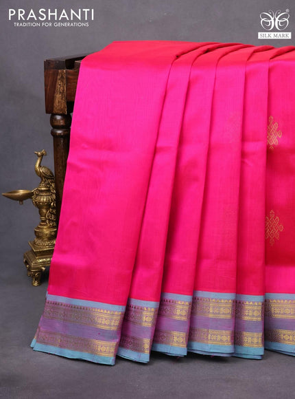 10 yards silk cotton saree pink and teal blue with zari woven buttas and rettapet zari woven border