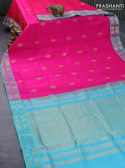 10 yards silk cotton saree pink and teal blue with zari woven buttas and rettapet zari woven border