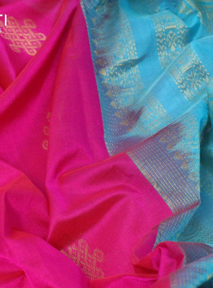 10 yards silk cotton saree pink and teal blue with zari woven buttas and rettapet zari woven border