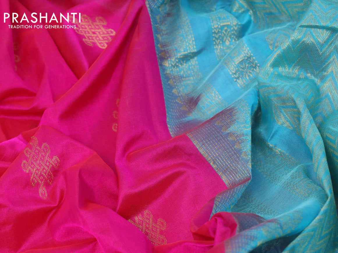 10 yards silk cotton saree pink and teal blue with zari woven buttas and rettapet zari woven border
