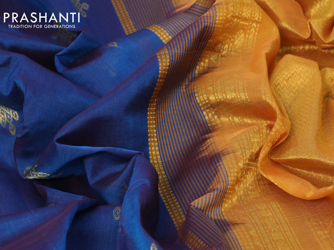 10 yards silk cotton saree peacock blue and mustard yellow with zari woven buttas and rettapet zari woven border
