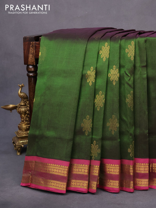10 yards silk cotton saree dark green and pink with zari woven buttas and rettapet zari woven border