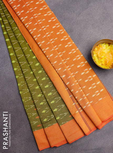 Ikat cotton saree mehendi green and dual shade of yellowish pink with allover ikat weaves and simple border without blouse