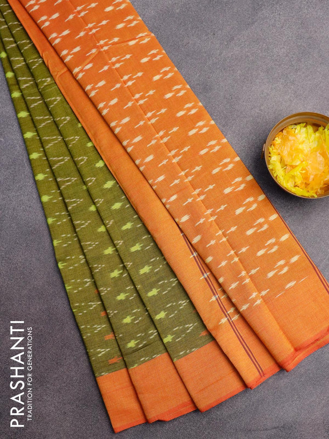 Ikat cotton saree mehendi green and dual shade of yellowish pink with allover ikat weaves and simple border without blouse