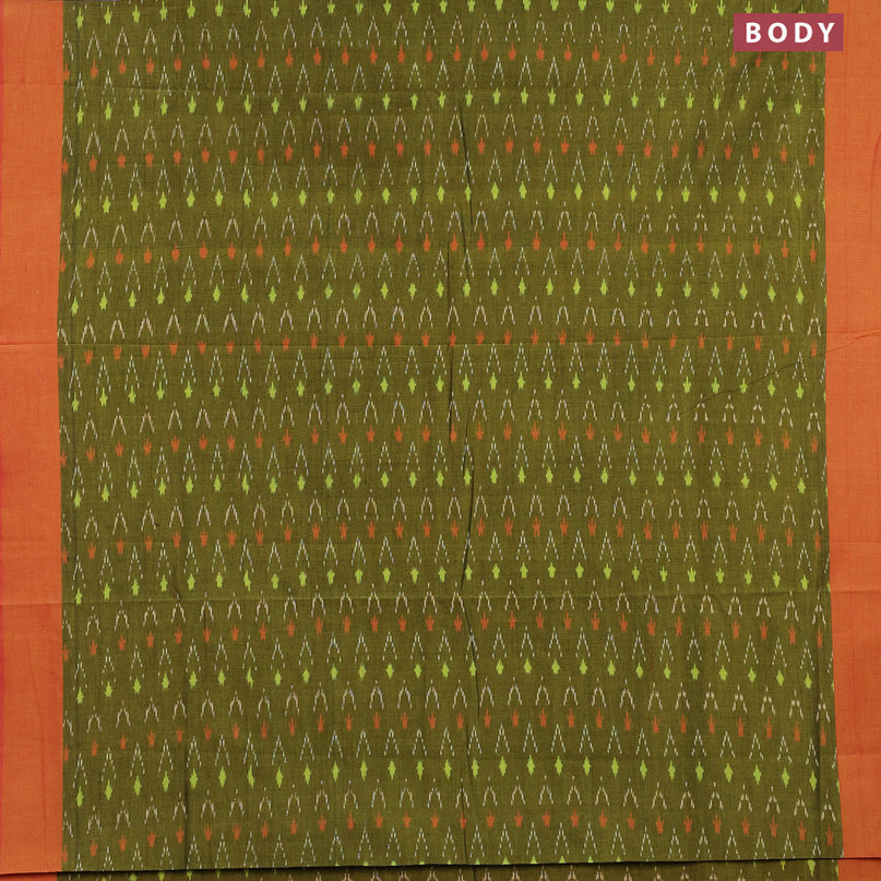 Ikat cotton saree mehendi green and dual shade of yellowish pink with allover ikat weaves and simple border without blouse