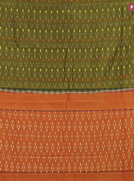 Ikat cotton saree mehendi green and dual shade of yellowish pink with allover ikat weaves and simple border without blouse