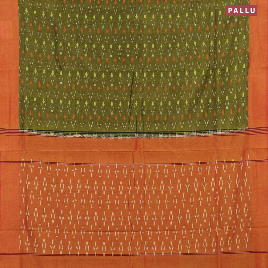 Ikat cotton saree mehendi green and dual shade of yellowish pink with allover ikat weaves and simple border without blouse