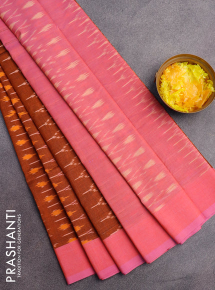 Ikat cotton saree rustic orange and dual shade of pink with allover ikat weaves and simple border without blouse