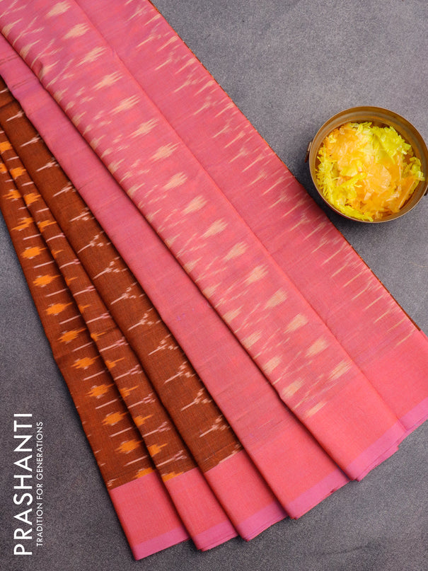 Ikat cotton saree rustic orange and dual shade of pink with allover ikat weaves and simple border without blouse