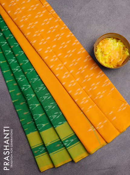 Ikat cotton saree green and yellow with allover ikat weaves and simple border without blouse