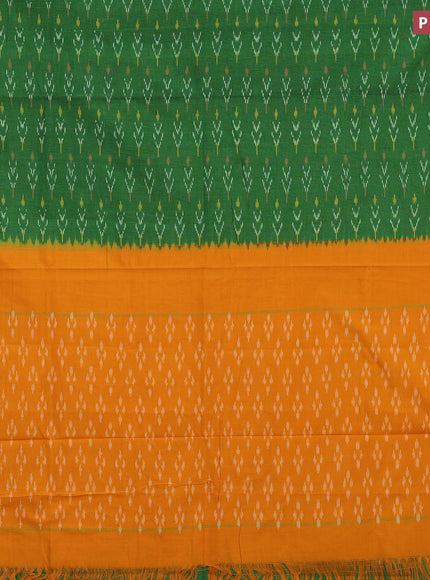 Ikat cotton saree green and yellow with allover ikat weaves and simple border without blouse