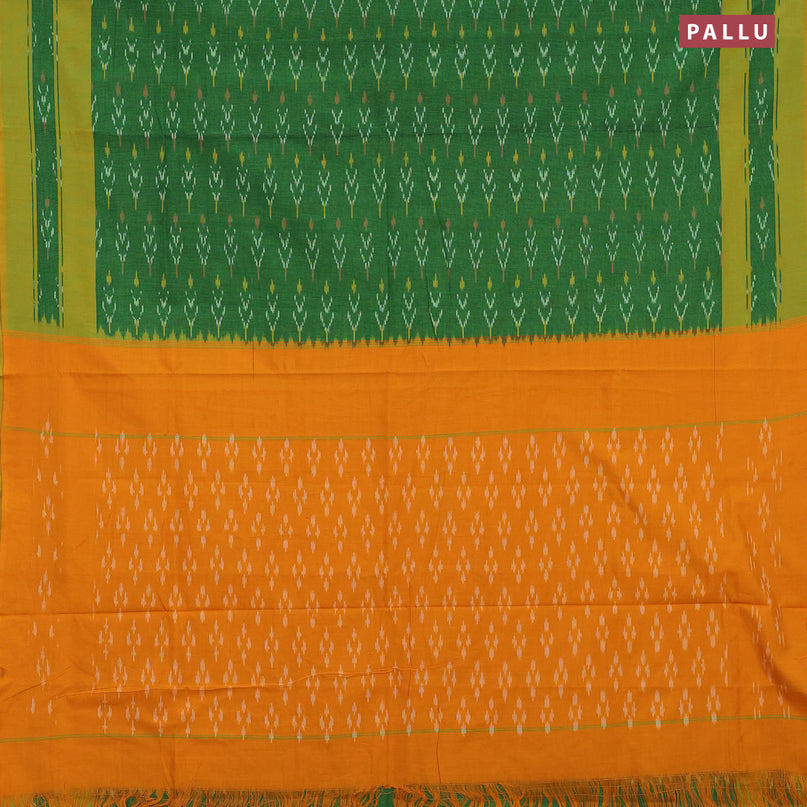 Ikat cotton saree green and yellow with allover ikat weaves and simple border without blouse