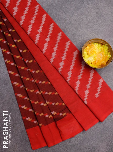 Ikat cotton saree maroon and red with allover ikat weaves and simple border without blouse