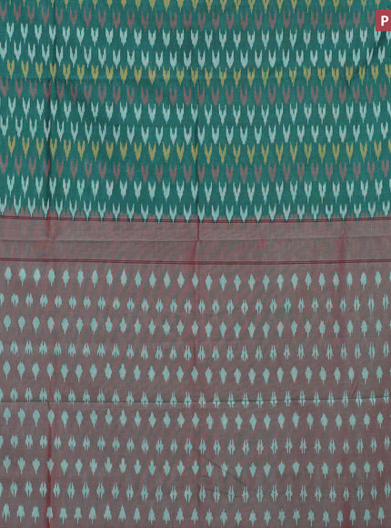 Ikat cotton saree teal green and dual shade of maroon with allover ikat weaves and simple border without blouse