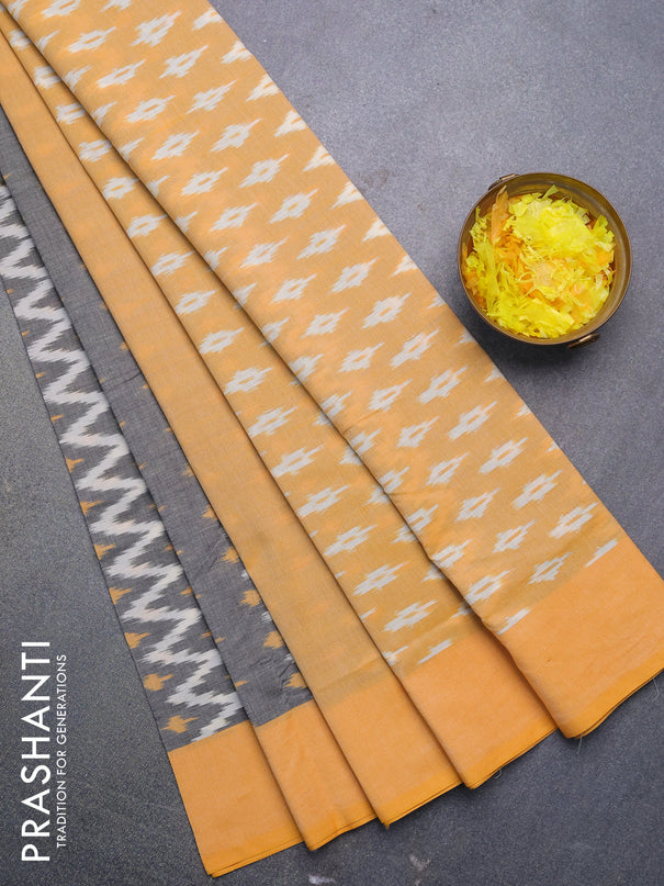 Ikat cotton saree grey and yellow with allover ikat weaves and simple border without blouse