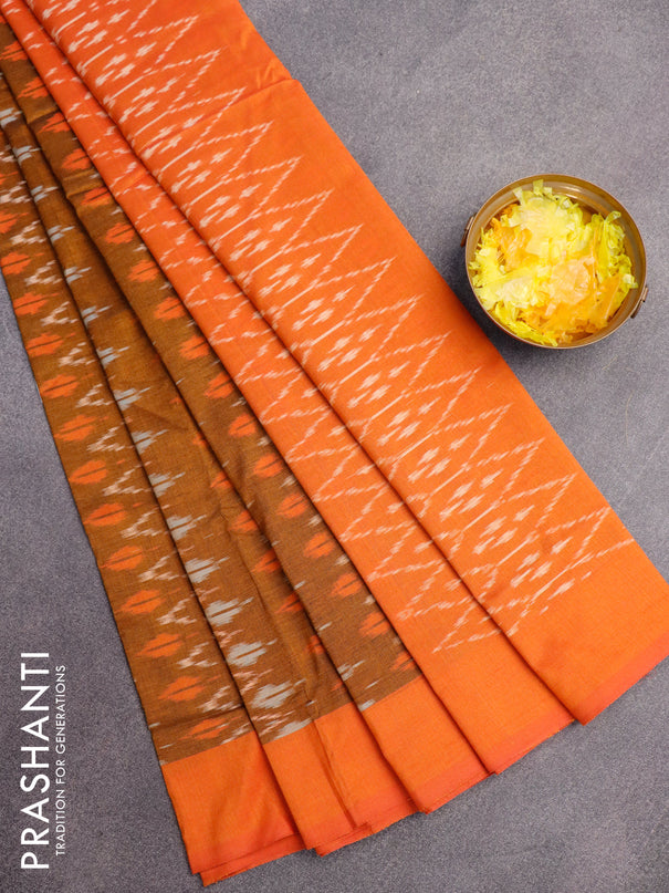 Ikat cotton saree dark mustard and orange with allover ikat weaves and simple border without blouse