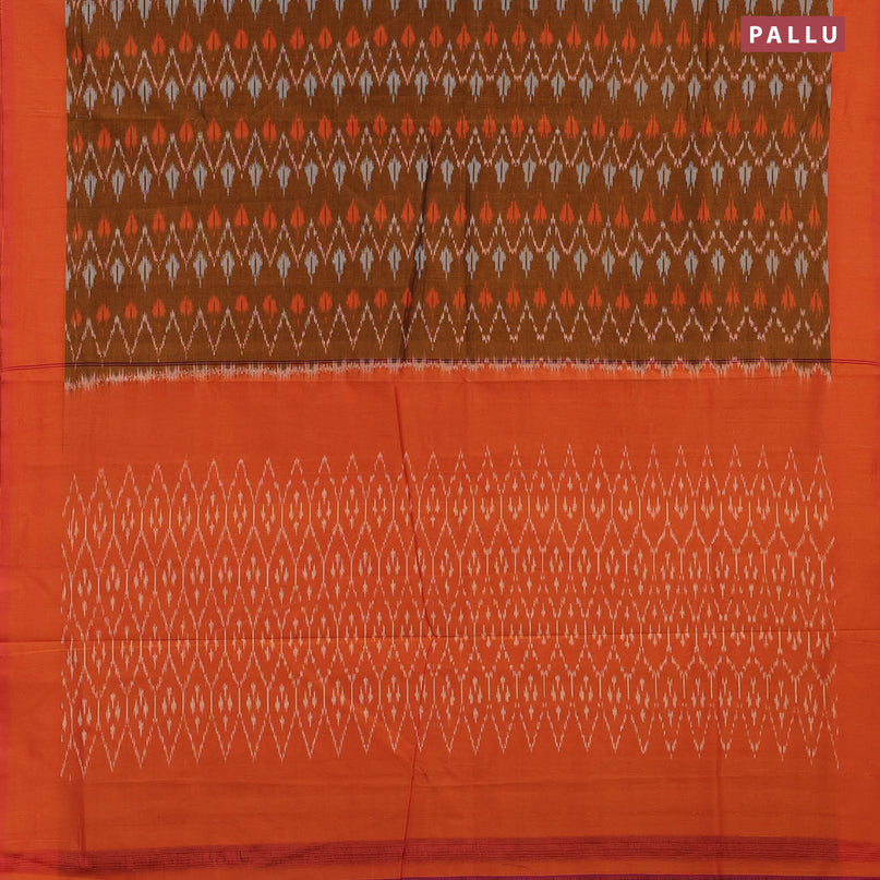 Ikat cotton saree dark mustard and orange with allover ikat weaves and simple border without blouse