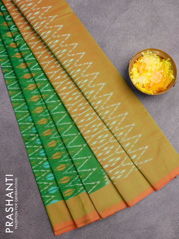 Ikat cotton saree green and red shade with allover ikat weaves and simple border without blouse