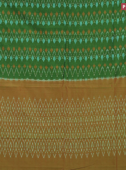 Ikat cotton saree green and red shade with allover ikat weaves and simple border without blouse