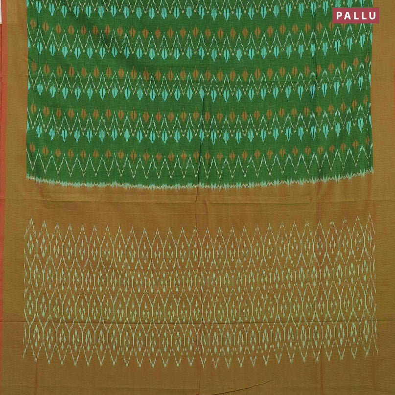 Ikat cotton saree green and red shade with allover ikat weaves and simple border without blouse