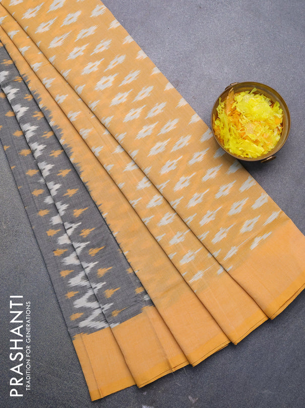 Ikat cotton saree grey and yellow with allover zig zag weaves and simple border without blouse