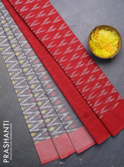 Ikat cotton saree grey and red with allover zig zag weaves and simple border without blouse