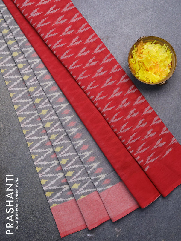 Ikat cotton saree grey and red with allover zig zag weaves and simple border without blouse