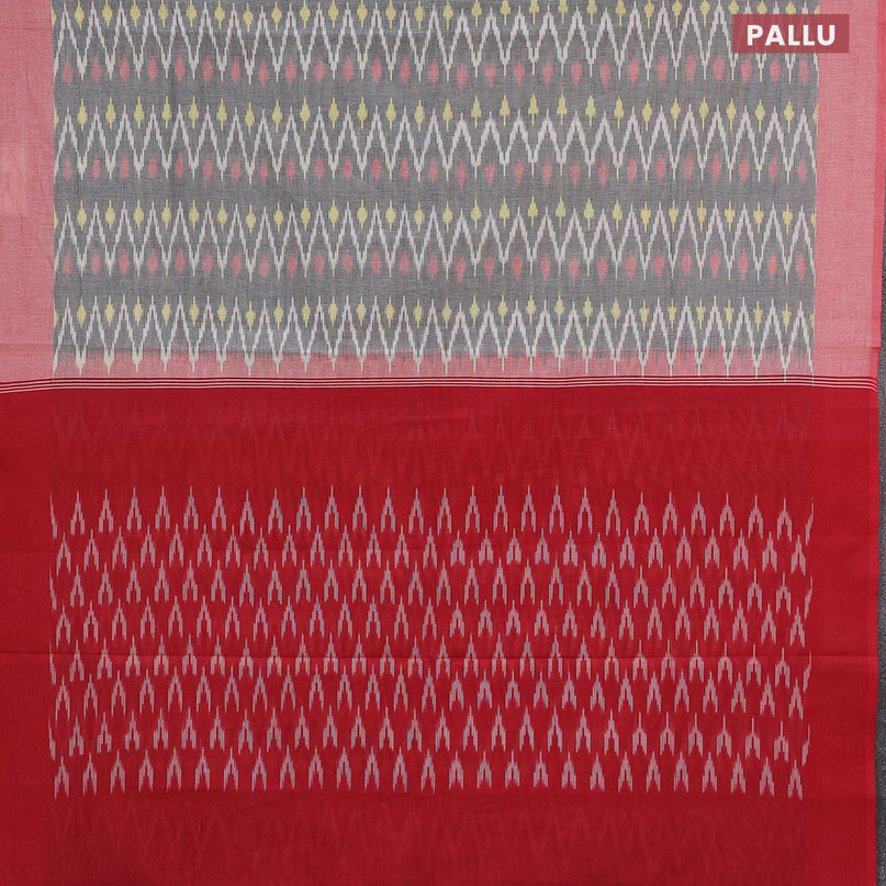 Ikat cotton saree grey and red with allover zig zag weaves and simple border without blouse