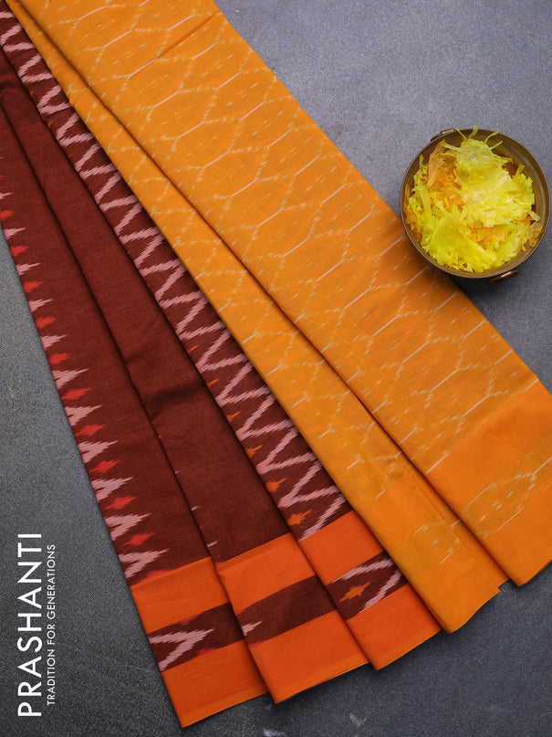 Ikat cotton saree maroon and orange with allover zig zag weaves and simple border without blouse