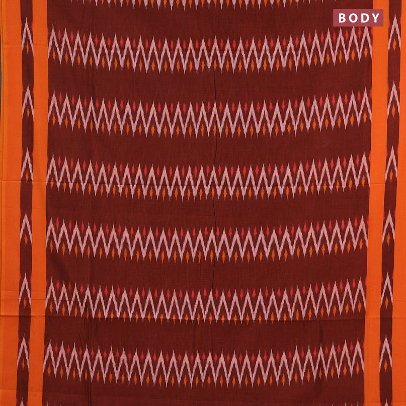 Ikat cotton saree maroon and orange with allover zig zag weaves and simple border without blouse