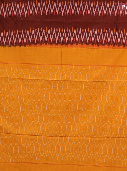 Ikat cotton saree maroon and orange with allover zig zag weaves and simple border without blouse