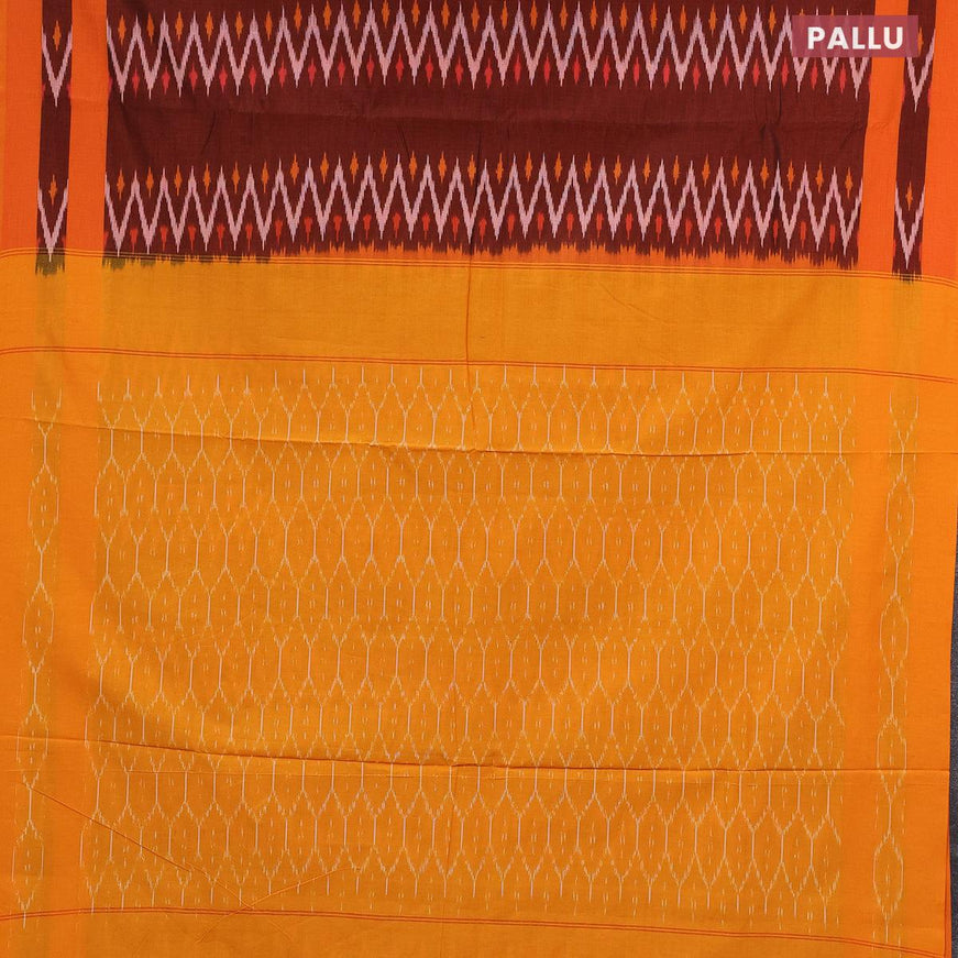 Ikat cotton saree maroon and orange with allover zig zag weaves and simple border without blouse