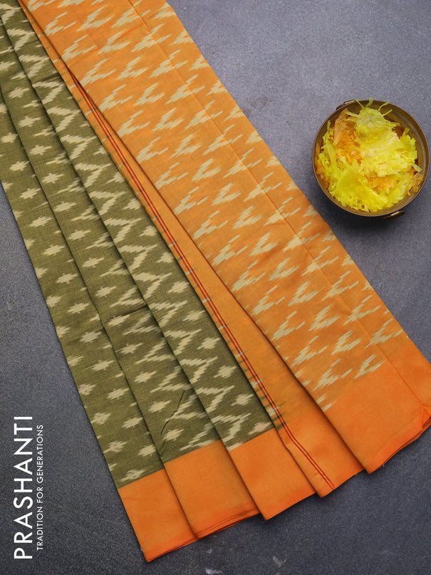 Ikat cotton saree green shade and orange with allover zig zag weaves and simple border without blouse