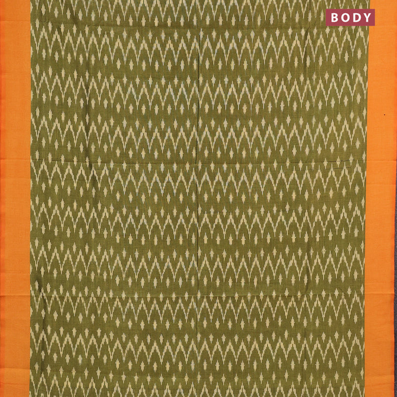 Ikat cotton saree green shade and orange with allover zig zag weaves and simple border without blouse