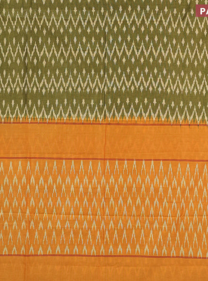 Ikat cotton saree green shade and orange with allover zig zag weaves and simple border without blouse