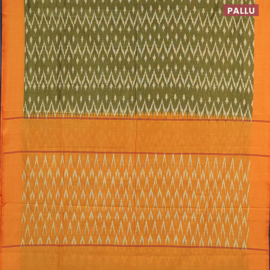 Ikat cotton saree green shade and orange with allover zig zag weaves and simple border without blouse