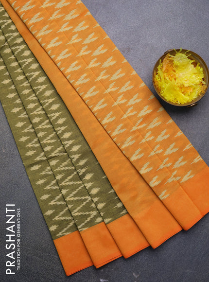 Ikat cotton saree green shade and orange with allover zig zag weaves and simple border without blouse