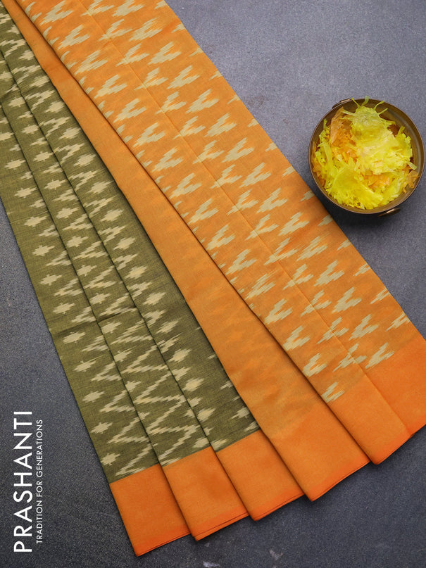 Ikat cotton saree green shade and orange with allover zig zag weaves and simple border without blouse