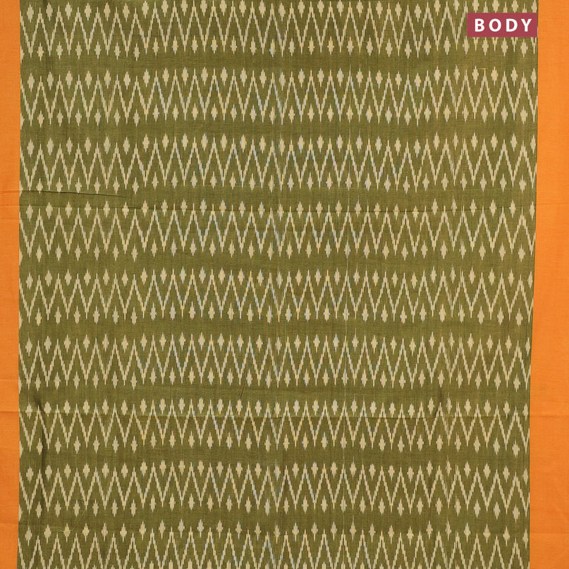 Ikat cotton saree green shade and orange with allover zig zag weaves and simple border without blouse