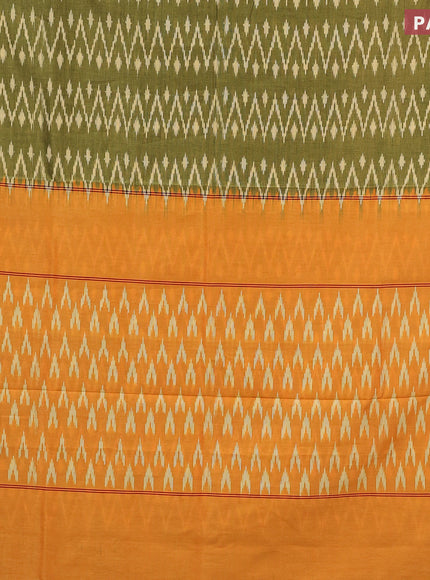 Ikat cotton saree green shade and orange with allover zig zag weaves and simple border without blouse