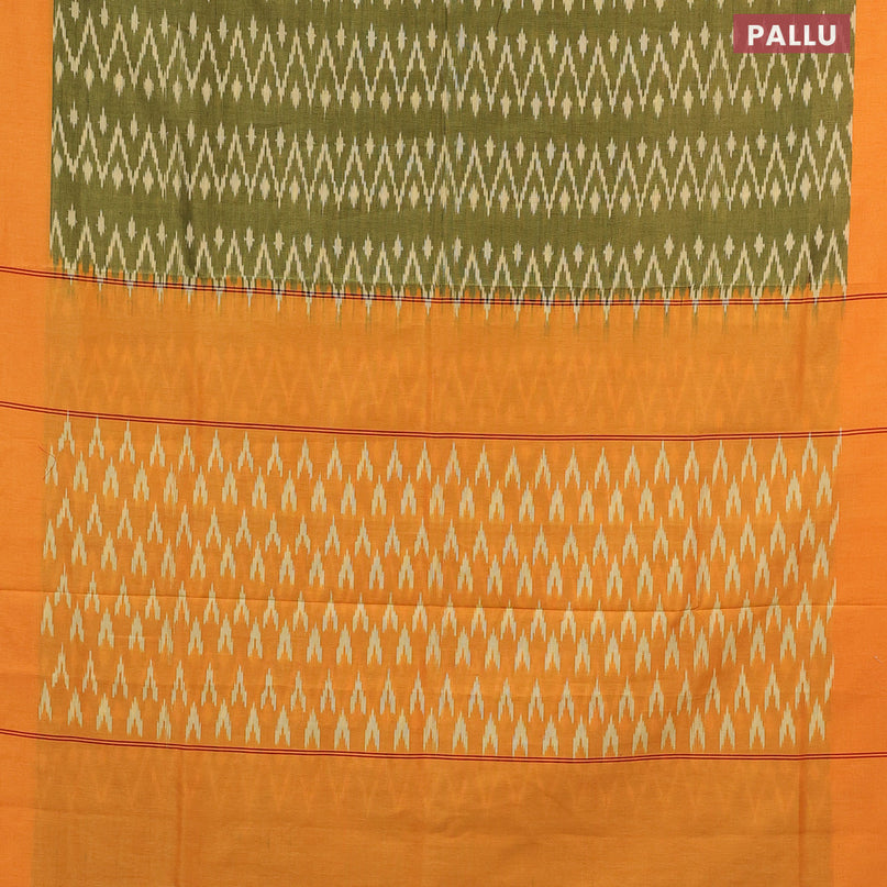 Ikat cotton saree green shade and orange with allover zig zag weaves and simple border without blouse