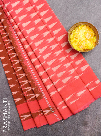 Ikat cotton saree rust shade and dual shade of pinkish orange with zig zag weaves and simple border without blouse