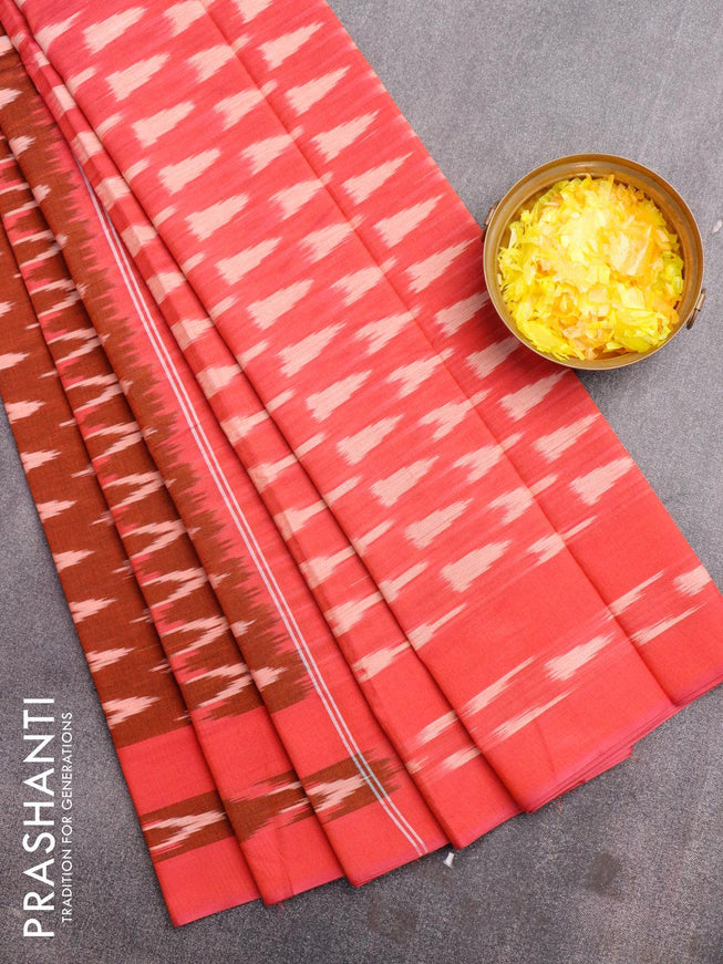 Ikat cotton saree rust shade and dual shade of pinkish orange with zig zag weaves and simple border without blouse