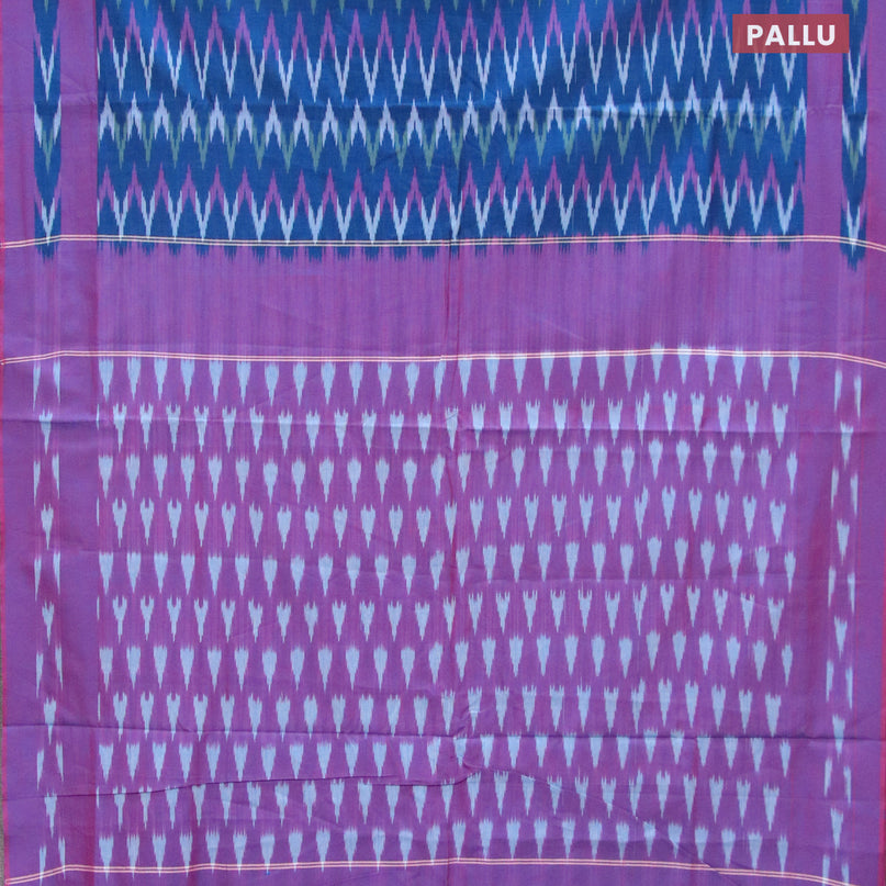 Ikat cotton saree peacock blue and magenta pink with zig zag weaves and simple border without blouse