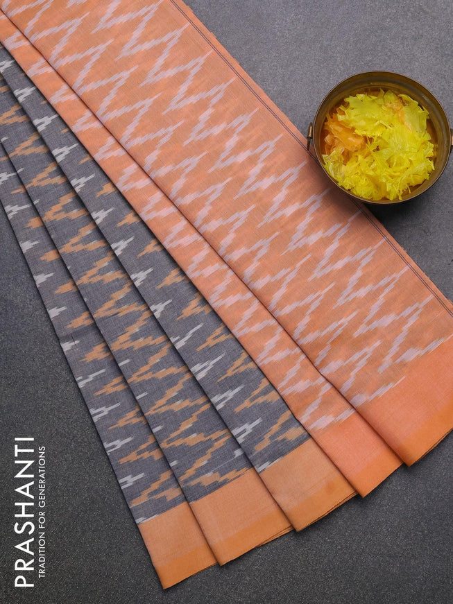 Ikat cotton saree grey and yellow with zig zag weaves and simple border without blouse