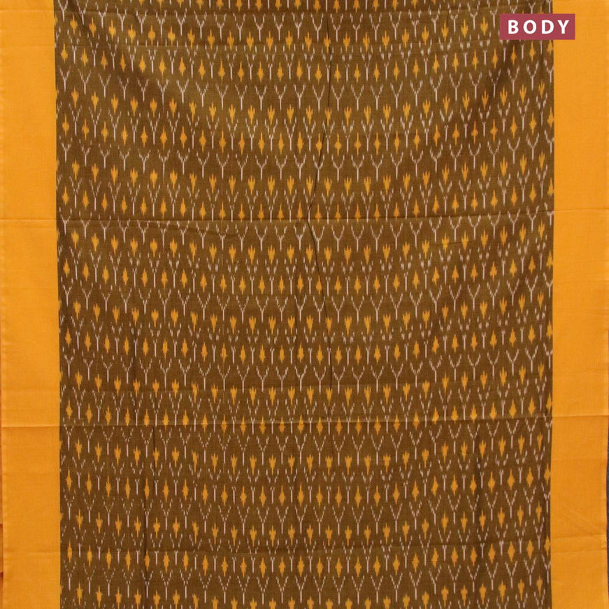 Ikat cotton saree mustard shade and yellow with allover ikat weaves and simple border without blouse