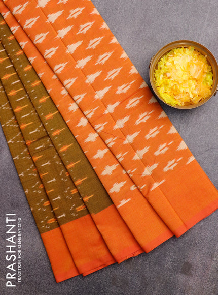 Ikat cotton saree mustard shade and dual shade of pinkish orange with allover ikat weaves and simple border without blouse