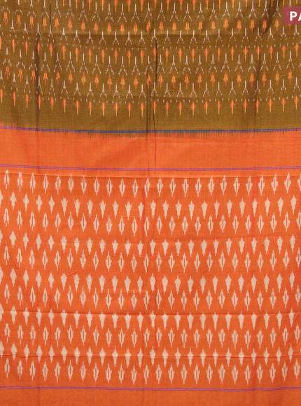 Ikat cotton saree mustard shade and dual shade of pinkish orange with allover ikat weaves and simple border without blouse