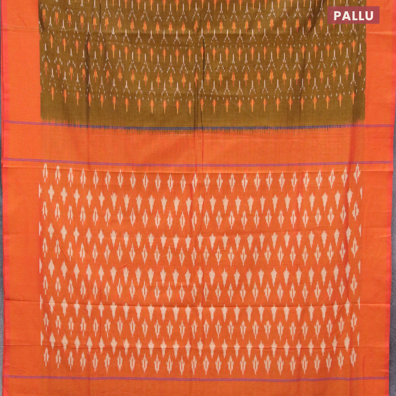 Ikat cotton saree mustard shade and dual shade of pinkish orange with allover ikat weaves and simple border without blouse