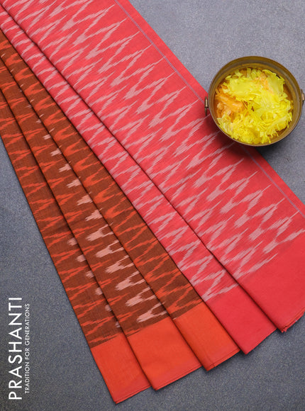 Ikat cotton saree rust shade and pink with allover ikat weaves and simple border without blouse